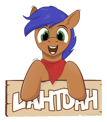 Size: 3300x3765 | Tagged: safe, artist:blazing_beams, oc, oc only, earth pony, pony, badge, bandana, con badge, front view, happy, high res, looking at you, male, simple background, solo, stallion, transparent background, vector