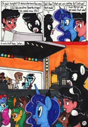 Size: 2081x2976 | Tagged: safe, artist:newyorkx3, princess luna, oc, oc:tommy, oc:tommy junior, alicorn, earth pony, pony, comic:young days, g4, comic, concert, drums, guitar, high res, microphone, musical instrument, stage