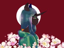Size: 2048x1536 | Tagged: safe, artist:nadacheruu, queen chrysalis, changeling, changeling queen, anthro, g4, clothes, female, flower, kimono (clothing), solo