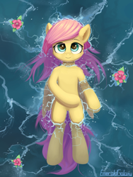 Size: 1500x2000 | Tagged: safe, artist:emeraldgalaxy, edit, fluttershy, pegasus, pony, g4, cute, female, floating, flower, looking up, mare, on back, shyabetes, solo, stray strand, water, wings