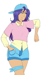 Size: 3300x5100 | Tagged: safe, artist:emberfan11, artist:icicle-wicicle-1517, color edit, edit, rarity, human, alternate hairstyle, backwards ballcap, baseball cap, cap, clothes, colored, denim shorts, disguise, female, grin, hand in pocket, hat, humanized, plainity, sexy, shirt, shorts, simple background, smiling, solo, t-shirt, tomboy, transparent background