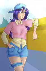 Size: 3300x5100 | Tagged: safe, artist:bublebee123, artist:emberfan11, color edit, edit, rarity, human, g4, alternate hairstyle, backwards ballcap, baseball cap, cap, clothes, colored, disguise, female, grin, hat, humanized, plainity, shirt, shorts, smiling, solo, t-shirt