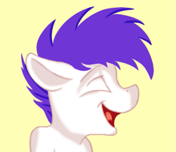 Size: 765x663 | Tagged: safe, artist:isaac_pony, oc, oc only, oc:isaac pony, earth pony, pony, blue mane, eyes closed, floppy ears, male, simple background, smiling, solo, stallion, yellow background