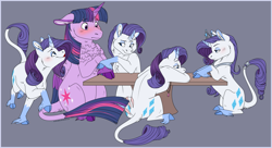 Size: 2569x1393 | Tagged: safe, artist:arcticwaters, rarity, twilight sparkle, alicorn, pony, unicorn, bodyguard au, fanfic:crimson lips, fanfic:the enchanted kingdom, fanfic:the enchanted library, g4, blushing, chest fluff, cloven hooves, commonity, fanfic art, female, fluffy, holding hooves, jewelry, leonine tail, lesbian, lipstick, multeity, necklace, ponified humanized pony, princess rarity, scar, ship:rarilight, shipping, table, tail ring, tiara, too many ponies, twilight sparkle (alicorn)