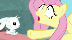 Size: 1920x1080 | Tagged: safe, screencap, angel bunny, fluttershy, pony, rabbit, g4, she talks to angel, animal, body swap, bruised, duo, female, male, mare, open mouth, pillow, shrunken pupils