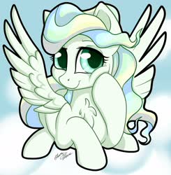 Size: 2006x2048 | Tagged: safe, artist:gleamydreams, vapor trail, pegasus, pony, g4, chest fluff, cloud, cute, female, high res, mare, sky, solo, spread wings, vaporbetes, wings