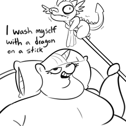 Size: 2250x2250 | Tagged: safe, artist:tjpones, spike, twilight sparkle, alicorn, dragon, pony, g4, abuse, bingo wings, dialogue, double chin, fangs, fat, fat boobs, female, high res, i wash myself with a rag on a stick, male, mare, monochrome, moobs, obese, rag on a stick, rolls of fat, simple background, simpsons did it, spikeabuse, stick, the simpsons, traumatized, twilard sparkle, twilight sparkle (alicorn), white background