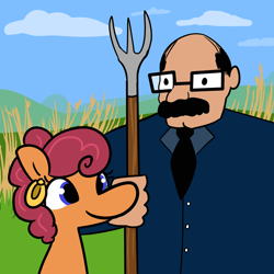 Size: 2250x2250 | Tagged: safe, artist:tjpones, oc, oc only, oc:grenaldo, oc:peanut wife, earth pony, human, pony, american gothic, ear piercing, earring, female, glasses, high res, jewelry, male, mare, oc x oc, piercing, pitchfork, shipping, straight