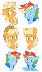 Size: 2689x4500 | Tagged: safe, artist:chub-wub, applejack, rainbow dash, earth pony, pegasus, pony, g4, applejack's hat, blushing, cowboy hat, female, hat, lesbian, mare, open mouth, ship:appledash, shipping, simple background, smiling, smirk, white background