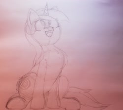 Size: 2176x1960 | Tagged: safe, artist:saltanon, lyra heartstrings, pony, unicorn, g4, 4chan, drawthread, female, mare, monochrome, open mouth, sitting, sketch, smiling, solo, traditional art