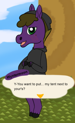 Size: 534x875 | Tagged: safe, artist:wyntermoon, oc, oc:wyntermoon, animal crossing, beanie, blushing, clothes, crossover, hat, hoodie, looking at you, male, stallion, talking to viewer, text, tree