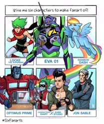 Size: 1715x2048 | Tagged: safe, artist:chickenzcomics, rainbow dash, human, pegasus, pony, robot, g4, clothes, crossover, eva-01, eyes closed, female, flying, food, gun, jon sable, locke the superman, male, mare, missing cutie mark, neon genesis evangelion, optimus prime, out of frame, popsicle, six fanarts, transformers, weapon