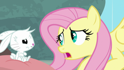 Size: 1920x1080 | Tagged: safe, screencap, angel bunny, fluttershy, pony, rabbit, g4, she talks to angel, animal, body swap, bruised, duo, female, male, mare, open mouth, pillow