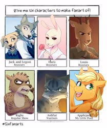 Size: 2000x2390 | Tagged: safe, artist:harvestbrook, applejack, cat, dog, earth pony, pony, rabbit, wolf, anthro, g4, animal, anthro with ponies, beastars, bust, clothes, crossed arms, crossover, eyelashes, female, flower, freckles, grumpy, haru (beastars), hat, high res, jack (beastars), legosi (beastars), male, mare, open mouth, out of frame, regular show, rigby (regular show), rose, six fanarts, smiling, speedpaint available