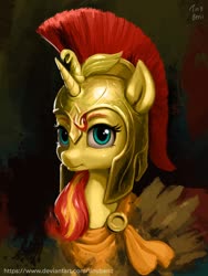 Size: 1536x2048 | Tagged: safe, artist:tinybenz, sunset shimmer, pony, unicorn, g4, armor, athena, bust, centurion, female, galea, helmet, mare, portrait, roman, rome, signature, solo