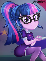 Size: 1536x2048 | Tagged: safe, artist:artmlpk, sci-twi, twilight sparkle, equestria girls, equestria girls series, g4, twilight under the stars, spoiler:eqg series (season 2), adorable face, adorkable, beautiful, blushing, clothes, confused, cute, digital art, dork, dress, female, holding, looking at you, outfit, ponytail, question mark, sci-twi outfits, sitting, smiling, smiling at you, solo