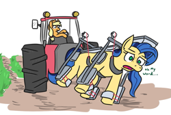 Size: 1007x675 | Tagged: safe, artist:jargon scott, applejack, oc, oc:milky way, earth pony, pony, g4, cow rotator, crotchboobs, dialogue, duo, female, mare, meme, nudity, ponified animal photo, simple background, tractor, wat, white background