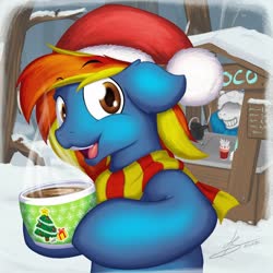 Size: 1600x1600 | Tagged: safe, artist:hardlugia, oc, oc:phil, pegasus, pony, bowl, chocolate, christmas, clothes, food, hat, holiday, hot chocolate, looking at you, sans (undertale), santa hat, scarf, snow, solo focus, stand, steam, undertale, winter