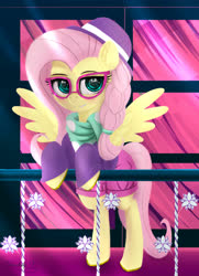 Size: 3250x4500 | Tagged: safe, artist:darksly, fluttershy, pegasus, pony, fake it 'til you make it, g4, alternate hairstyle, clothes, female, glasses, hat, high res, hipster, hipstershy, scarf, solo