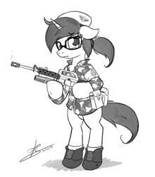 Size: 1110x1260 | Tagged: safe, artist:hardlugia, oc, oc only, oc:elena o'riley, unicorn, semi-anthro, arm hooves, assault rifle, beret, boots, camouflage, glasses, grenade launcher, gun, hat, looking at you, m16, ponytail, rifle, shoes, sketch, soldier, solo, weapon