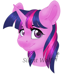 Size: 1080x1213 | Tagged: safe, artist:silentwolf-oficial, twilight sparkle, pony, unicorn, g4, bust, cute, ear fluff, female, looking at you, mare, portrait, signature, simple background, solo, twiabetes, unicorn twilight, watermark, white background