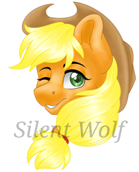 Size: 1080x1329 | Tagged: safe, artist:silentwolf-oficial, applejack, earth pony, pony, g4, bust, cute, female, hat, head only, jackabetes, mare, one eye closed, portrait, signature, simple background, smiling, solo, watermark, white background, wink