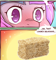 Size: 407x438 | Tagged: safe, artist:cold-blooded-twilight, edit, twilight sparkle, pony, g4, blushing, female, hay, hay bale, solo