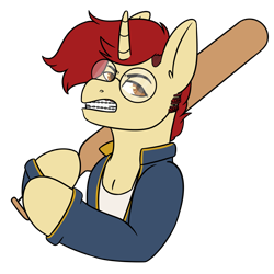 Size: 3000x3000 | Tagged: safe, artist:cinnerroll, oc, oc only, oc:vanil, pony, unicorn, baseball bat, braces, clothes, delinquent, female, glasses, high res, jacket, mare, simple background, solo, transparent background