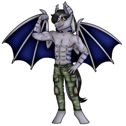 Size: 3000x3000 | Tagged: safe, artist:cinnerroll, oc, oc only, oc:lt buster, bat pony, anthro, armpits, clothes, high res, partial nudity, simple background, solo, topless, transparent background