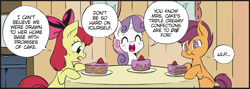 Size: 1953x696 | Tagged: safe, artist:nekoshiei, color edit, edit, editor:anonycat, seven seas, apple bloom, scootaloo, sweetie belle, earth pony, pegasus, pony, unicorn, g4, my little pony: the manga, bow, cake, colored, cropped, cutie mark crusaders, female, filly, food, hair bow, pun, trio