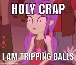 Size: 2400x2055 | Tagged: safe, edit, edited screencap, screencap, starlight, equestria girls, g4, my little pony equestria girls: rainbow rocks, caption, cropped, eco kid insults, high, high res, implied drugs, jewelry, meme, necklace, pigtails, shrunken pupils, solo focus, tripping balls