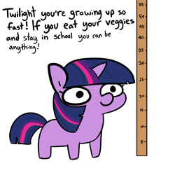 Size: 2250x2250 | Tagged: safe, artist:tjpones, part of a set, twilight sparkle, pony, unicorn, g4, dialogue, female, filly, filly twilight sparkle, flashback, foal, high res, implied princess celestia, mare, measuring, offscreen character, solo, twiggie, younger