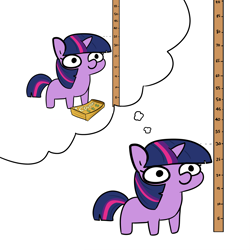 Size: 2250x2250 | Tagged: safe, artist:tjpones, part of a set, twilight sparkle, pony, unicorn, g4, coupon, dialogue, expectation vs reality, female, flashback, high res, mare, measuring, offscreen character, solo, thought bubble, twiggie, unicorn twilight