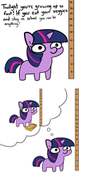 Size: 2250x4500 | Tagged: safe, artist:tjpones edits, edit, twilight sparkle, pony, unicorn, g4, coupon, dialogue, female, implied princess celestia, mare, measuring, offscreen character, solo, twiggie