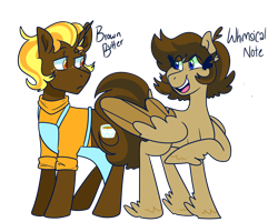 Size: 1826x1462 | Tagged: safe, artist:cubbybatdoodles, oc, oc only, oc:brown butter, oc:whimsical note, pegasus, pony, unicorn, apron, brother, brother and sister, clothes, duo, female, freckles, looking at each other, male, mare, offspring, parent:derpy hooves, parent:ditzy doo, parent:doctor whooves, parent:time turner, parents:doctorderpy, redesign, shirt, siblings, simple background, sister, smiling, stallion, transparent background, twins