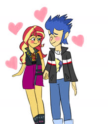 Size: 1250x1429 | Tagged: safe, artist:ghostystars, flash sentry, sunset shimmer, equestria girls, g4, blushing, eyes closed, female, heart, holding hands, male, ship:flashimmer, shipping, straight