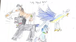 Size: 4032x2240 | Tagged: safe, artist:horsesplease, gallus, trouble shoes, g4, alcohol, barking, beer, bottle, crowing, derp, doggie favor, drunk, drunken shoes, gallus the rooster, lined paper, panting, sombra dog, tongue out, traditional art