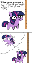 Size: 1024x2052 | Tagged: safe, artist:tjpones edits, edit, twilight sparkle, alicorn, pony, sparkles! the wonder horse!, blank flank, comic, female, filly, filly twilight sparkle, offscreen character, ruler, simple background, solo, thought bubble, twiggie, twilight sparkle (alicorn), white background, younger