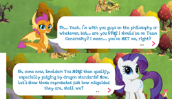 Size: 1016x588 | Tagged: safe, gameloft, rarity, smolder, g4, and then there's rarity, apple, dialogue, food