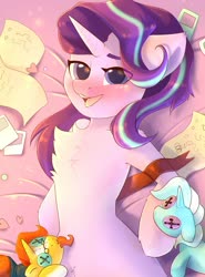 Size: 1792x2425 | Tagged: safe, artist:kebchach, starlight glimmer, sunburst, trixie, pony, unicorn, semi-anthro, g4, arm hooves, bed, blushing, chest fluff, female, letter, looking at you, lying down, mare, plushie, solo