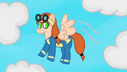 Size: 1366x768 | Tagged: safe, artist:raulixevergreen, oc, pegasus, pony, clothes, cloud, female, flying, happy, mare, uniform, wings, wonderbolts uniform