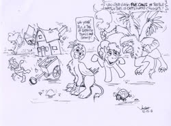 Size: 785x580 | Tagged: safe, artist:rabbi-tom, gabby, gilda, pinkie pie, earth pony, griffon, pony, g4, earthquake, female, house, mare, monochrome, speech bubble, tail, tail pull, text, traditional art, tree