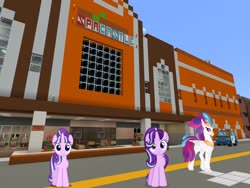 Size: 2048x1536 | Tagged: safe, artist:topsangtheman, artist:xebck, queen novo, starlight glimmer, classical hippogriff, hippogriff, pony, unicorn, g4, my little pony: the movie, building, looking at you, minecraft, photoshopped into minecraft, self ponidox, spa, spa castle