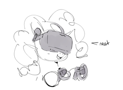 Size: 1992x1449 | Tagged: safe, artist:hattsy, pinkie pie, earth pony, pony, g4, controller, dialogue, female, grayscale, hoof hold, mare, monochrome, oculus rift, solo, vr headset