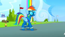 Size: 1280x720 | Tagged: safe, screencap, rainbow dash, pegasus, pony, g4, newbie dash, clothes, female, folded wings, goggles, imminent disaster, mare, rainbow waterfall, solo, suit, uniform, wings, wonderbolts, wonderbolts uniform