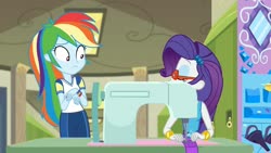 Size: 1280x720 | Tagged: safe, screencap, rainbow dash, rarity, equestria girls, g4, my little pony equestria girls: choose your own ending, sock it to me, sock it to me: rarity, clothes, female, glasses, rarity's glasses, sewing machine, shoes, uniform, wristband