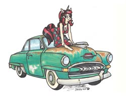 Size: 1015x787 | Tagged: safe, artist:sketchywolf-13, oc, oc only, unicorn, anthro, unguligrade anthro, anthro oc, car, chevrolet bel air, clothes, commission, dress, female, horn, looking at you, mare, pinup, rust, simple background, solo, traditional art, white background