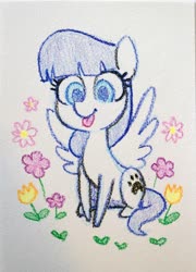 Size: 2794x3887 | Tagged: safe, artist:dawnfire, oc, oc only, oc:snow pup, pegasus, pony, :p, flower, high res, solo, tongue out, traditional art