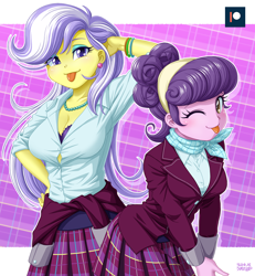 Size: 1000x1080 | Tagged: safe, artist:uotapo, suri polomare, upper crust, equestria girls, friendship games, g4, :p, abstract background, adorasexy, ascot, bra, breasts, busty suri polomare, busty upper crust, cleavage, clothes, colored pupils, crustabetes, crystal prep academy uniform, cute, duo, duo female, ear piercing, earring, female, flirting, jewelry, looking at you, necklace, one eye closed, piercing, plaid skirt, pleated skirt, purple underwear, school uniform, sexy, skirt, suribetes, tongue out, underwear, wink