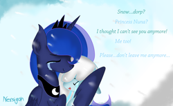 Size: 3583x2205 | Tagged: safe, artist:nersigon, princess luna, oc, oc:snowdrop, alicorn, pegasus, pony, g4, crying, high res, horn, hug, snow, snowfall, wings